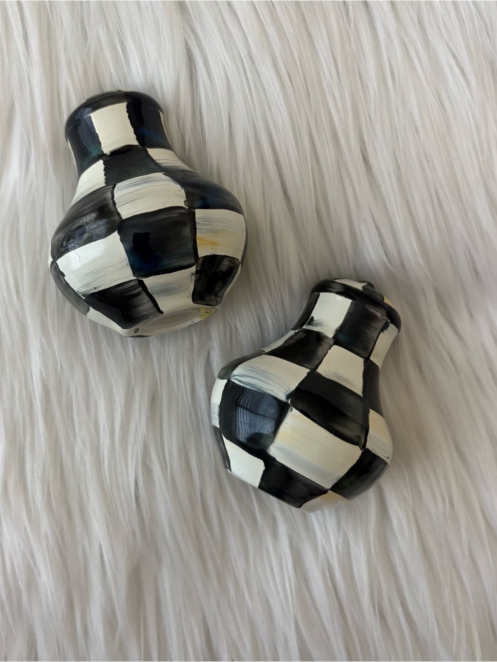 Mackenzie Childs Hand Painted Courtly Check Salt & Pepper Shakers - READ